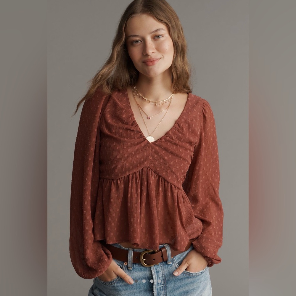 ✨NWT✨ Anthropologie Rust Textured V-Neck Peplum Blouse